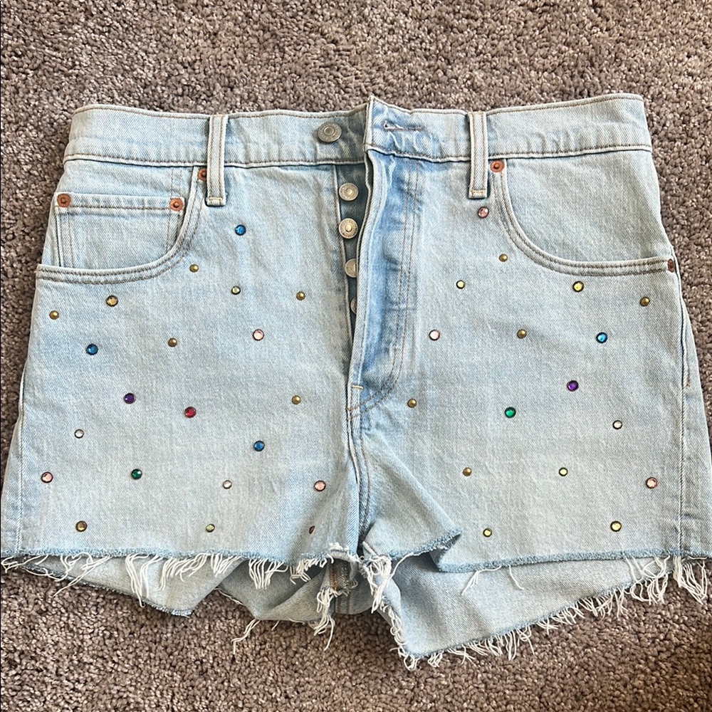 Levis Embellished Light Blue Denim Shorts